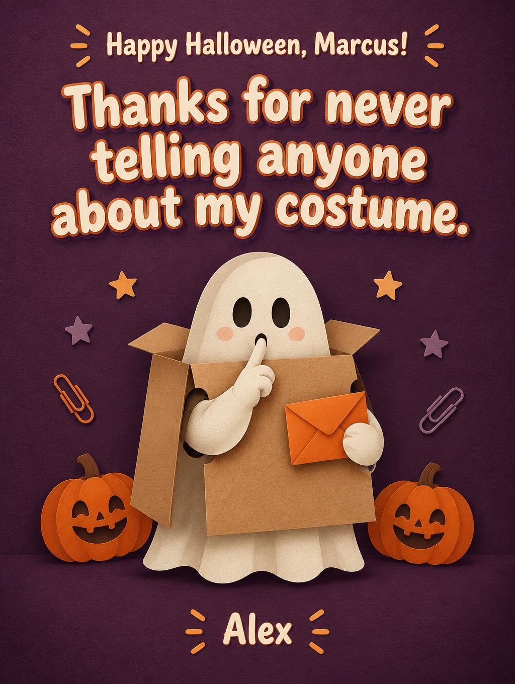 "Thanks for never telling anyone about my costume.
Happy Halloween, Marcus!
Alex" — Paper-Cut Halloween | AI Text Effect Generator