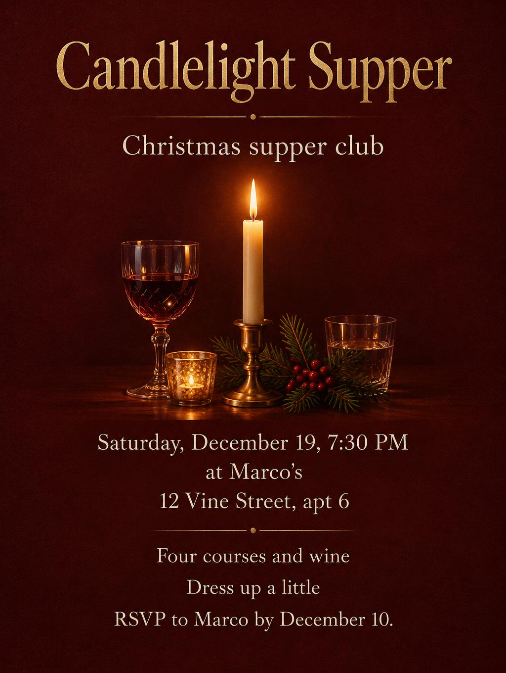 "Candlelight Supper
Christmas supper club
Saturday, December 19, 7:30 PM
at Marco's
12 Vine Street, apt 6
Four courses and wine
Dress up a little
RSVP to Marco by December 10." — Candlelit Supper | AI Text Effect Generator