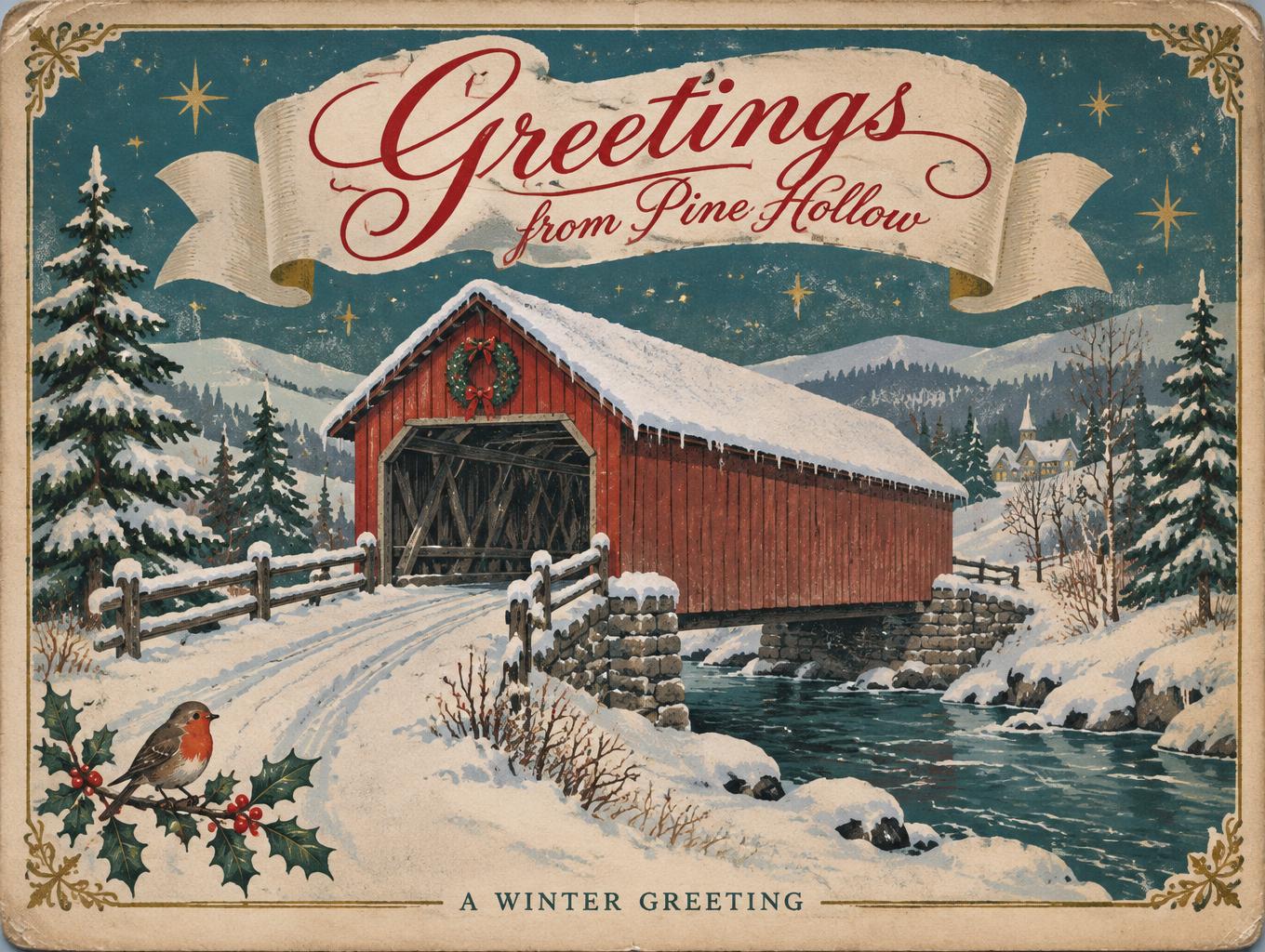 "Greetings
from Pine Hollow
A WINTER GREETING" — Vintage Christmas | AI Text Effect Generator