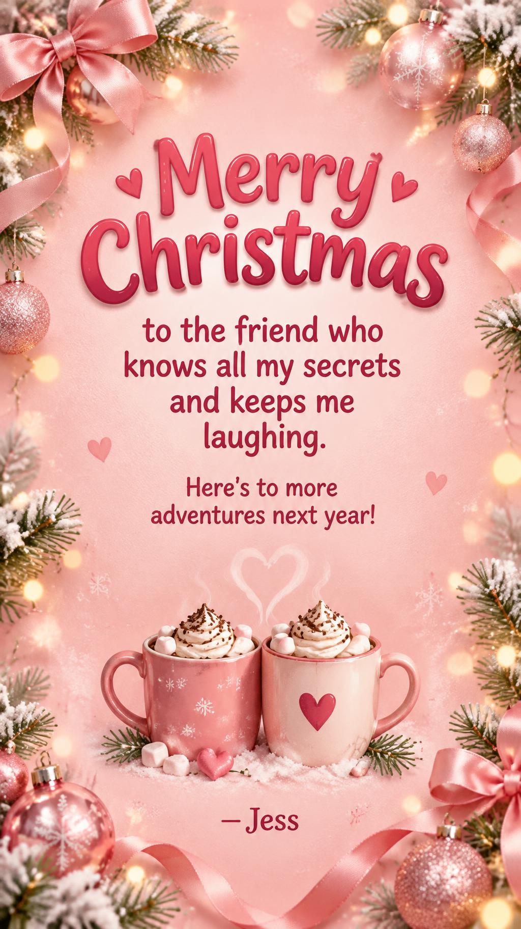 Merry Christmas
to the friend who knows all my secrets and keeps me laughing.
Here's to more adventures next year!
— Jess — Navidad rosa