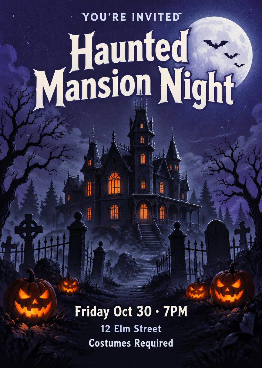 YOU’RE INVITED
Haunted Mansion Night
Friday Oct 30 · 7PM
12 Elm Street
Costumes Required