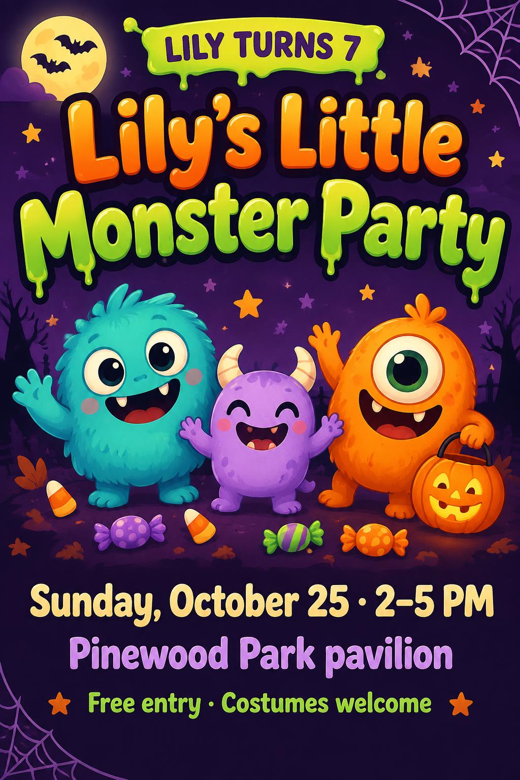 "Lily's Little Monster Party
LILY TURNS 7
Sunday, October 25 · 2–5 PM
Pinewood Park pavilion
Free entry · Costumes welcome" — Halloween | AI Text Effect Generator