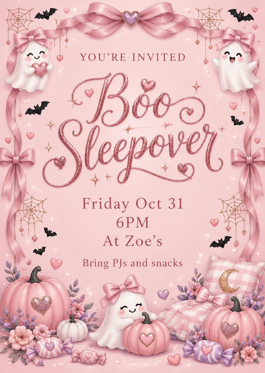 YOU'RE INVITED
Boo Sleepover
Friday Oct 31
6PM
At Zoe's
Bring PJs and snacks