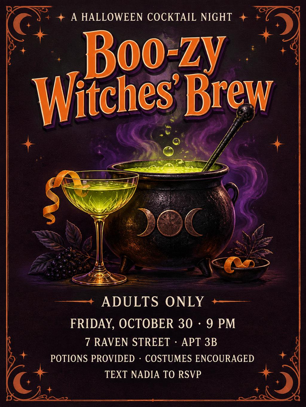 "Boo-zy
Witches’ Brew
A HALLOWEEN COCKTAIL NIGHT
ADULTS ONLY
FRIDAY, OCTOBER 30 · 9 PM
7 RAVEN STREET · APT 3B
POTIONS PROVIDED · COSTUMES ENCOURAGED
TEXT NADIA TO RSVP" —  | AI Text Effect Generator