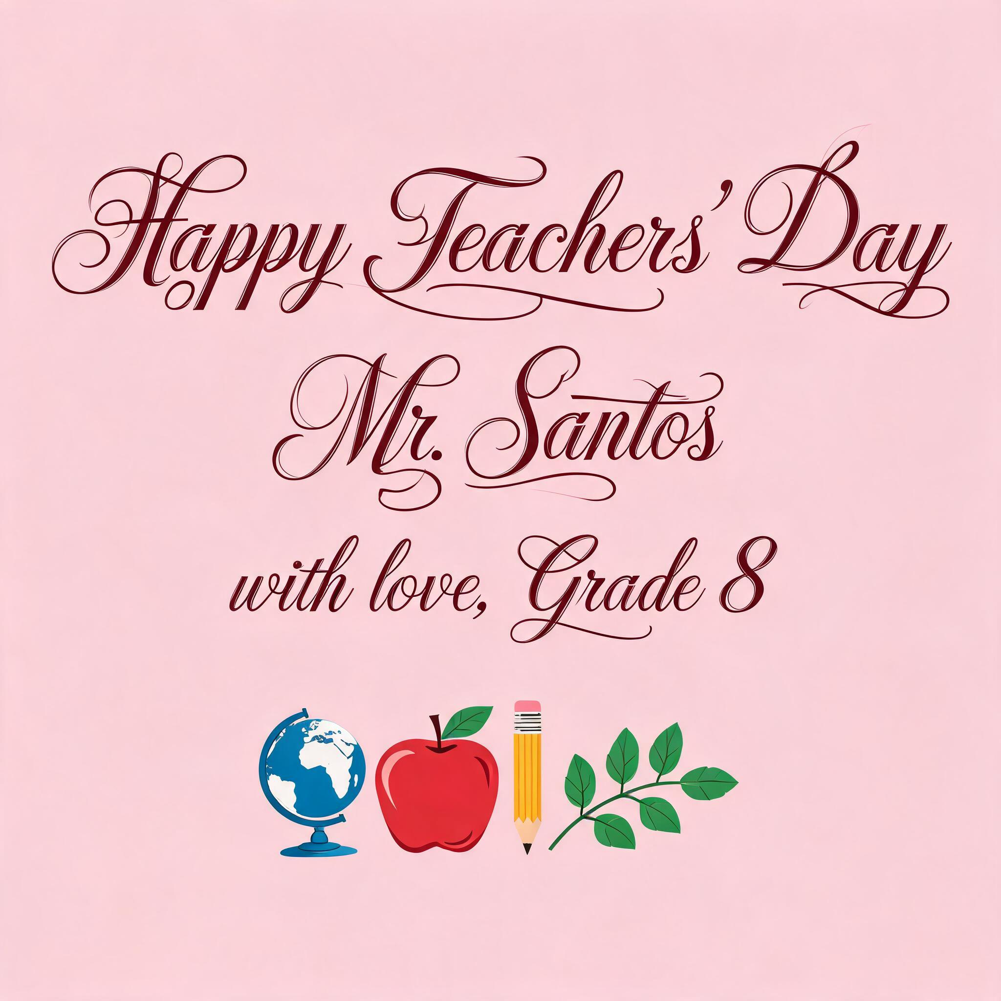 "Happy Teachers' Day
Mr. Santos
with love, Grade 8" — Teachers Day | AI Text Effect Generator