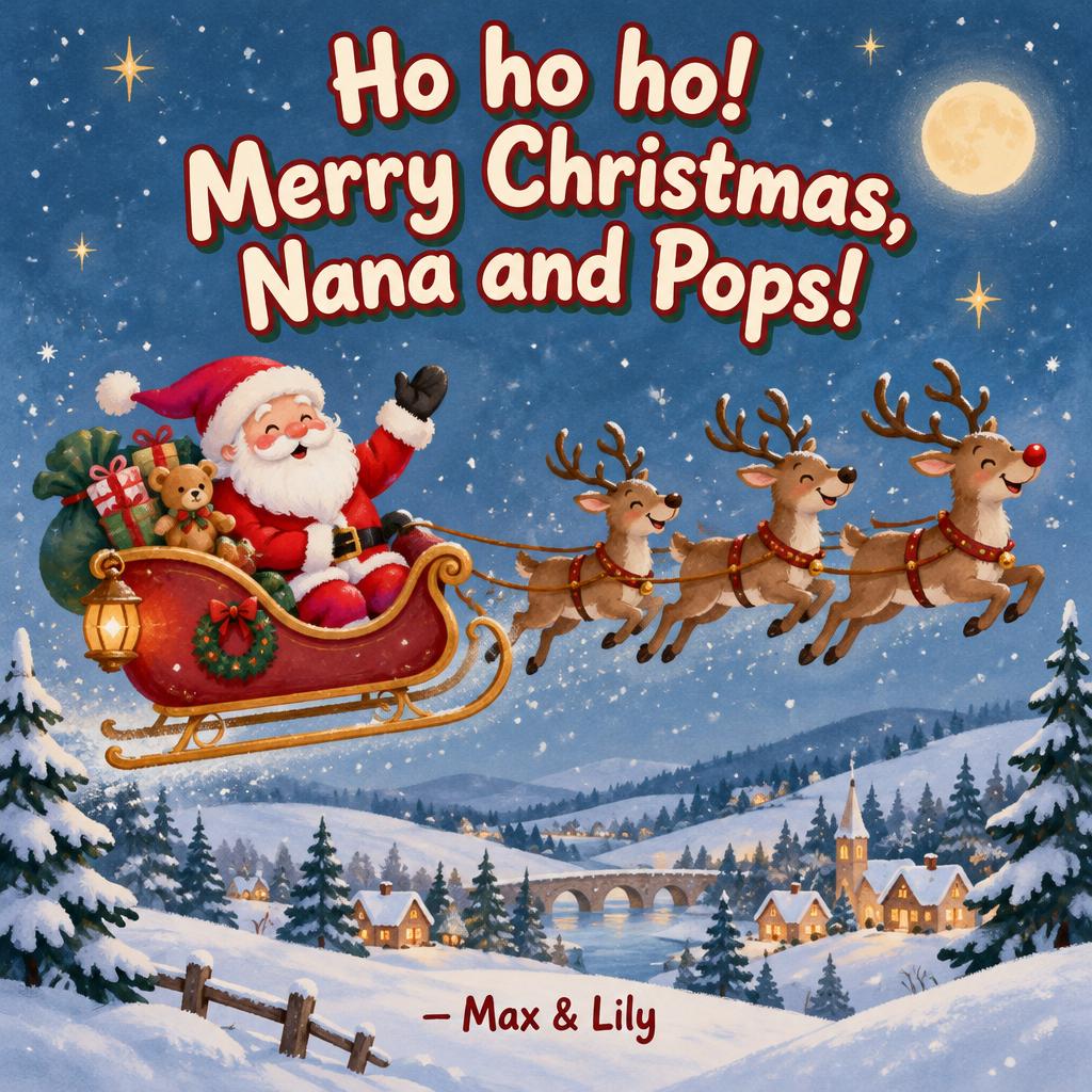 "Ho ho ho! Merry Christmas, Nana and Pops!
— Max & Lily" — Cozy Storybook Gouache | AI Text Effect Generator