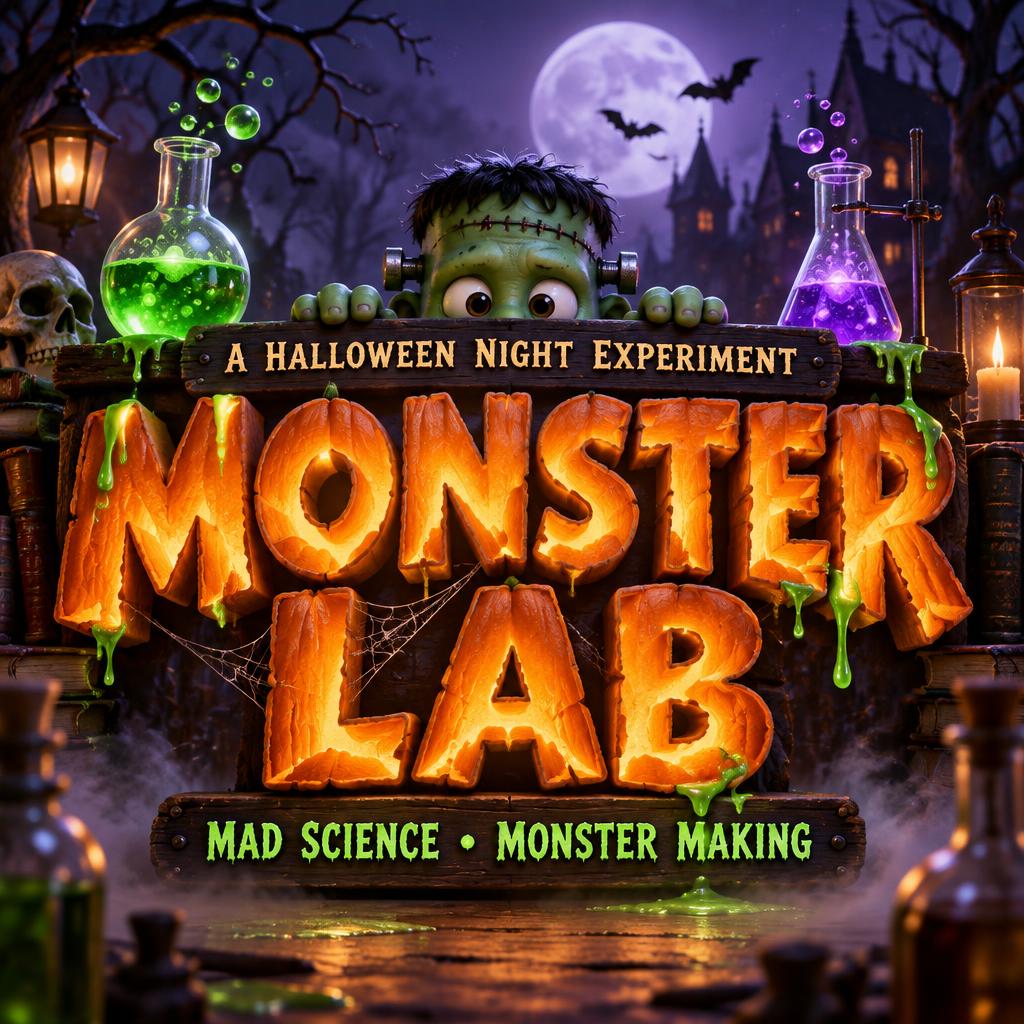 "MONSTER LAB
A HALLOWEEN NIGHT EXPERIMENT
MAD SCIENCE • MONSTER MAKING" — Halloween | AI Text Effect Generator