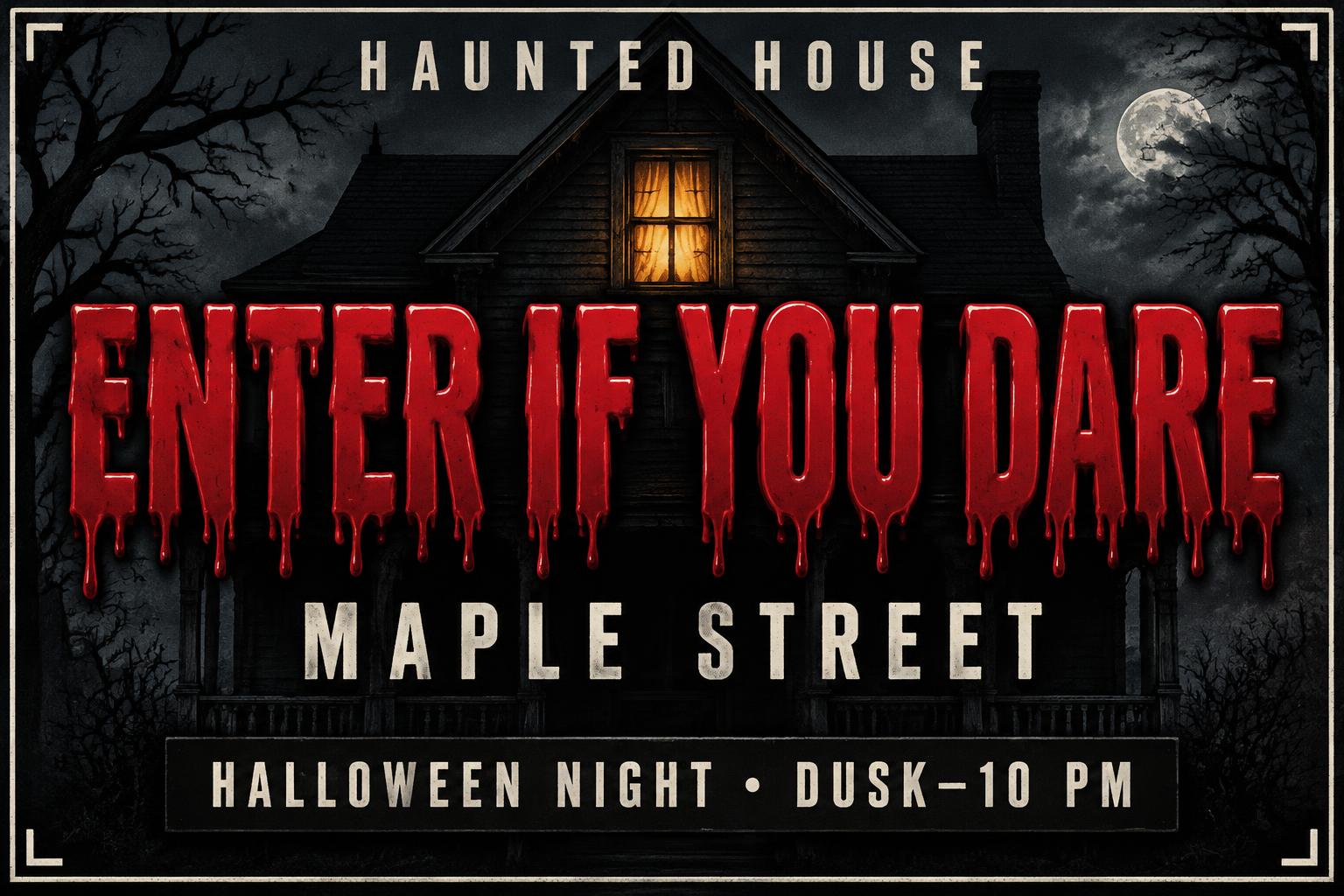 "ENTER IF YOU DARE
HAUNTED HOUSE
MAPLE STREET
HALLOWEEN NIGHT • DUSK–10 PM" —  | AI Text Effect Generator