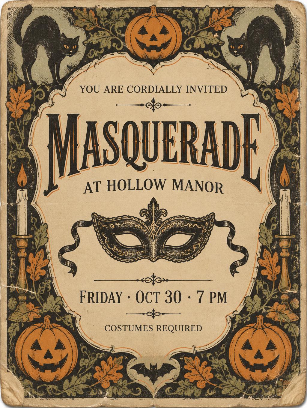 YOU ARE CORDIALLY INVITED
MASQUERADE
AT HOLLOW MANOR
FRIDAY · OCT 30 · 7 PM
COSTUMES REQUIRED