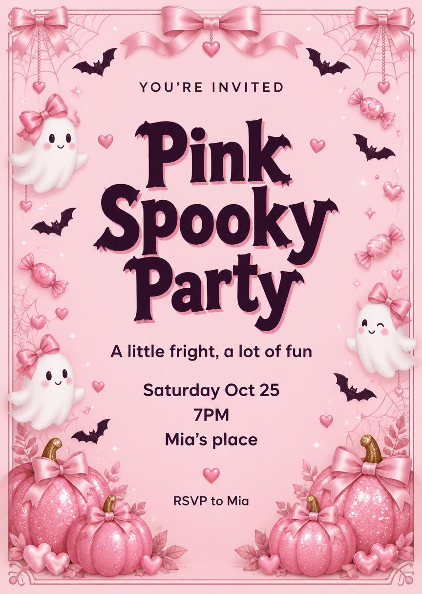 YOU’RE INVITED
Pink Spooky Party
A little fright, a lot of fun
Saturday Oct 25
7PM
Mia’s place
RSVP to Mia — Halloween Rosa