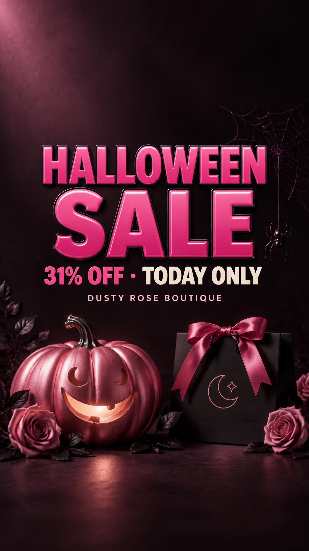 "HALLOWEEN SALE
31% OFF · TODAY ONLY
Dusty Rose Boutique" — Pink Noir Boutique | AI Text Effect Generator