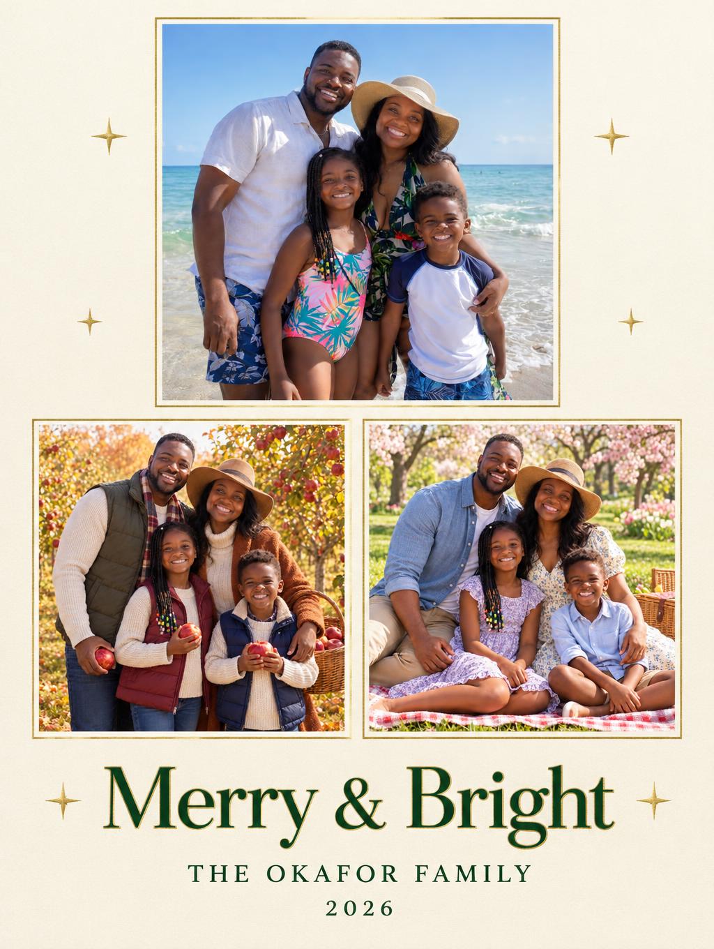 "Merry & Bright
The Okafor Family
2026" — Quiet Gold Holiday | AI Text Effect Generator