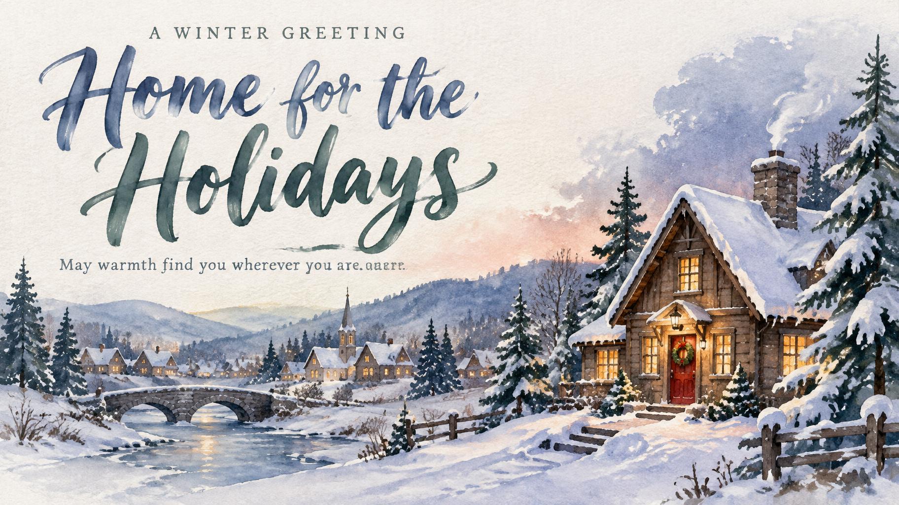 "Home for the Holidays
A WINTER GREETING
May warmth find you wherever you are." — Watercolor Christmas | AI Text Effect Generator