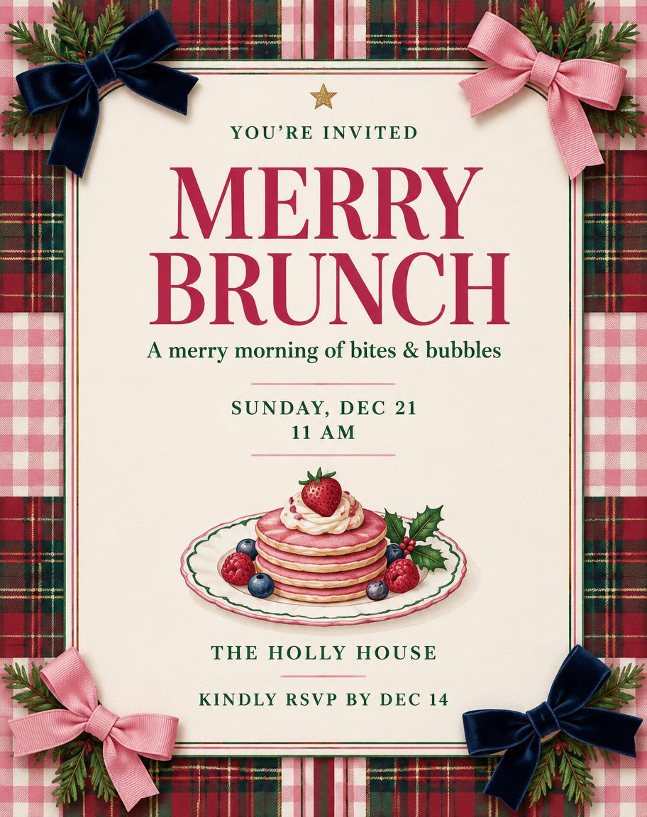 MERRY BRUNCH
A merry morning of bites & bubbles
SUNDAY, DEC 21
11 AM
THE HOLLY HOUSE
KINDLY RSVP BY DEC 14
YOU’RE INVITED