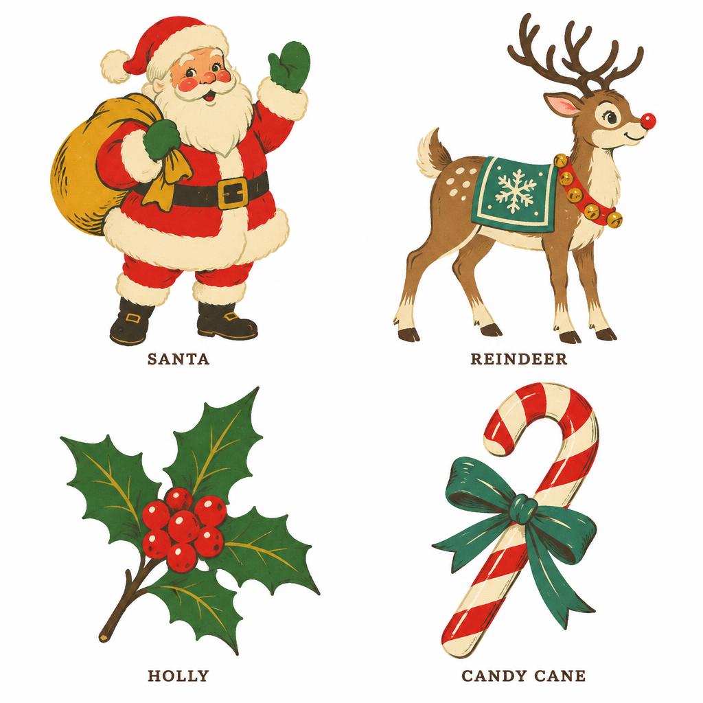 SANTA
REINDEER
HOLLY
CANDY CANE