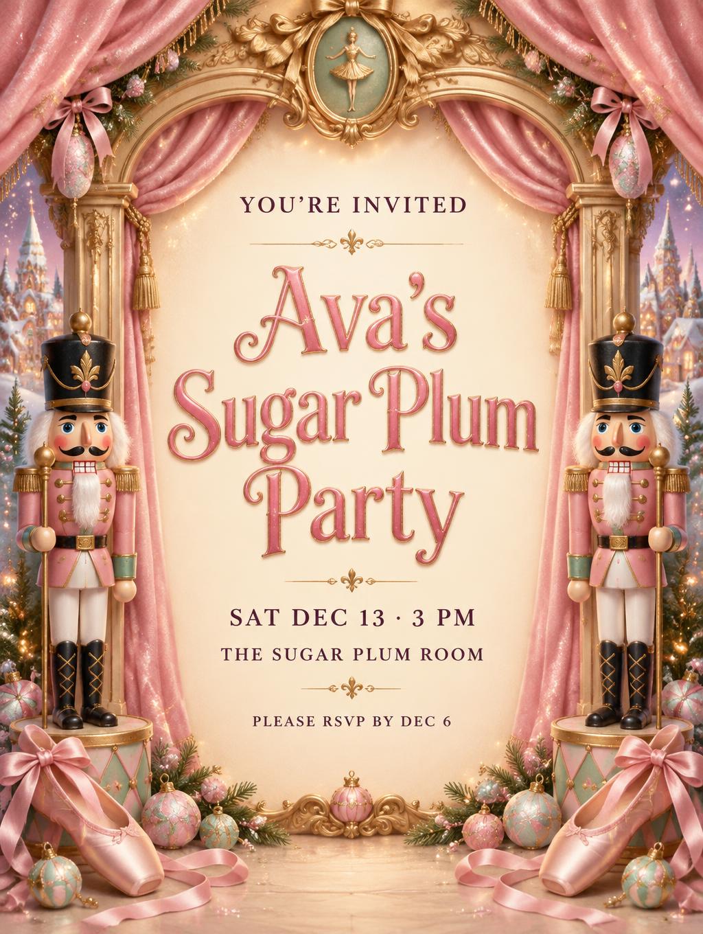 YOU’RE INVITED
Ava’s Sugar Plum Party
SAT DEC 13 · 3 PM
THE SUGAR PLUM ROOM
PLEASE RSVP BY DEC 6