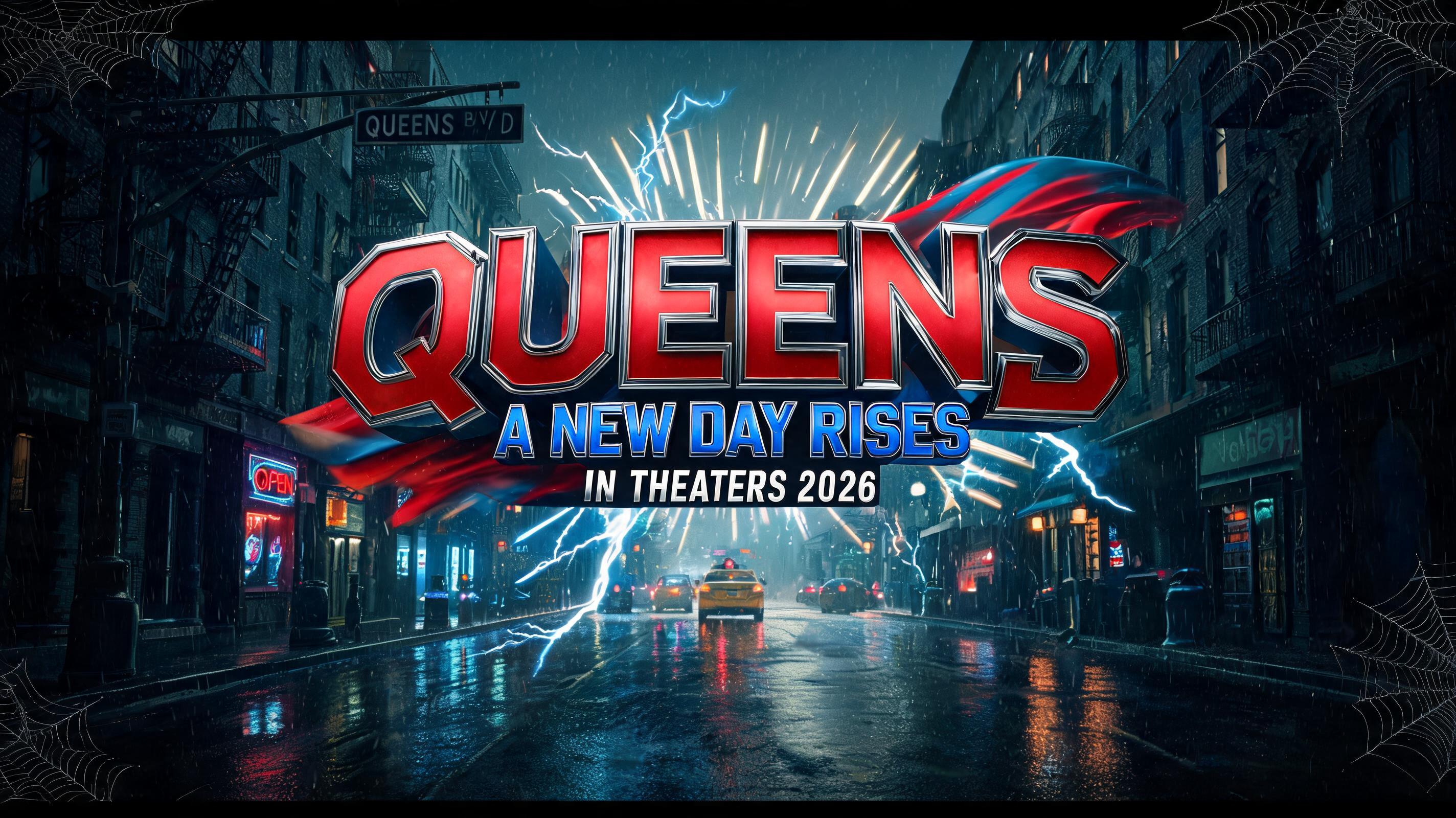 Brand New Day title card example — red and blue 3D comic title over an empty rain-slick Queens street at night