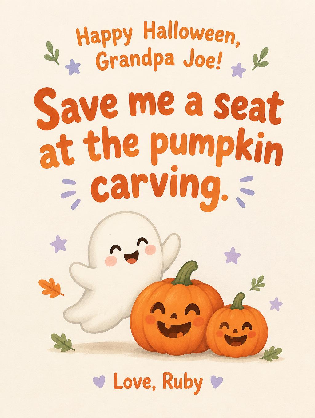 "Save me a seat at the pumpkin carving.
Happy Halloween, Grandpa Joe!
Love, Ruby" — Pastel Pumpkin Paper | AI Text Effect Generator