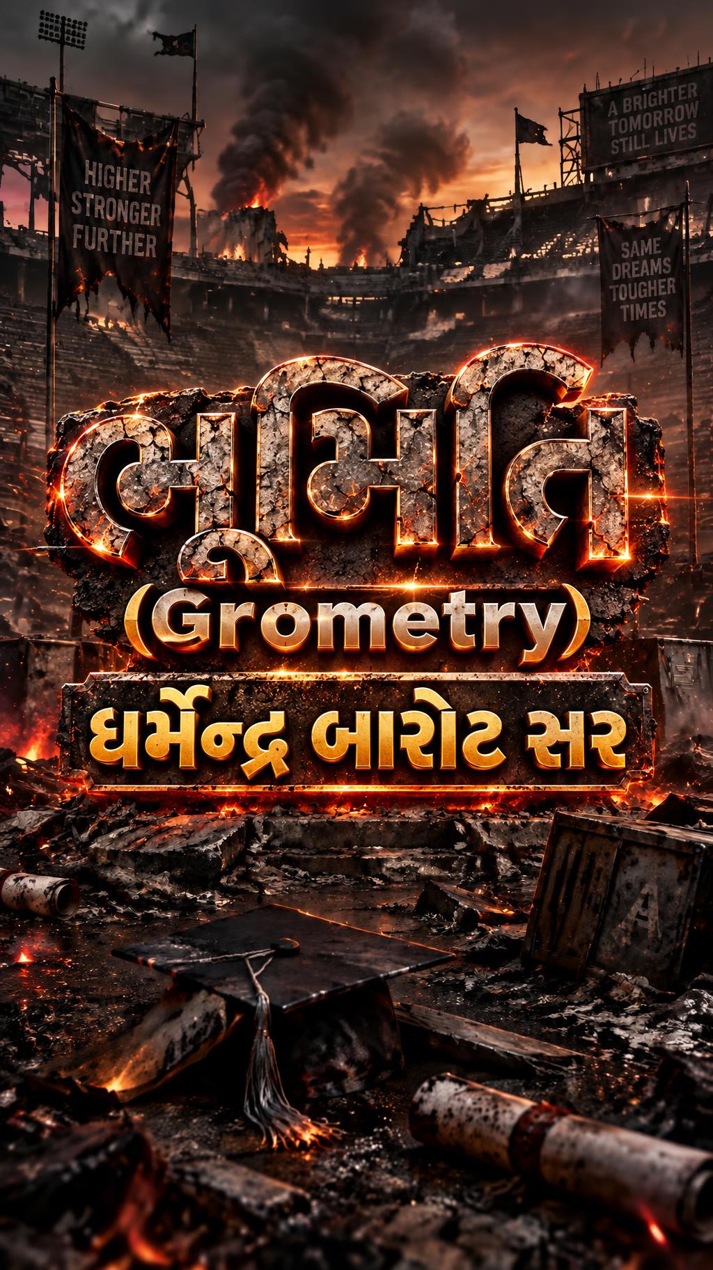 "ભૂમિતિ (Grometry) ધર્મેન્દ્ર બારોટ સર" — Post Apocalyptic text effect