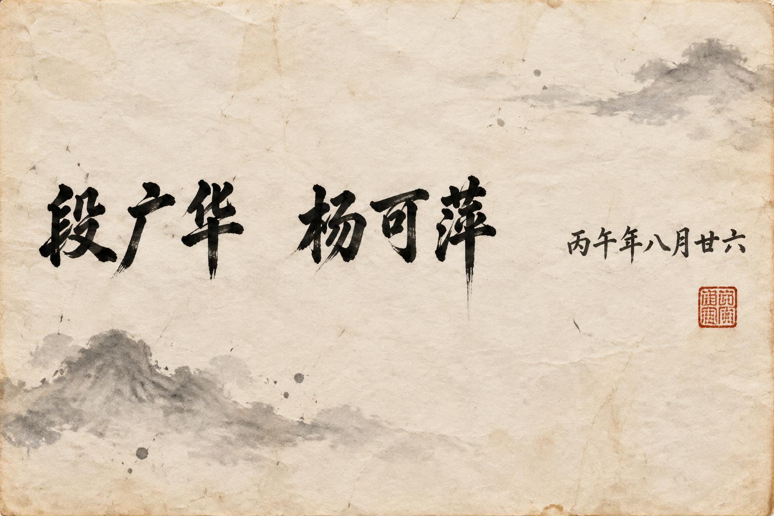 "段广华   杨可萍                         丙午年八月廿六" — Brush Chinese Ink | AI Text Effect Generator