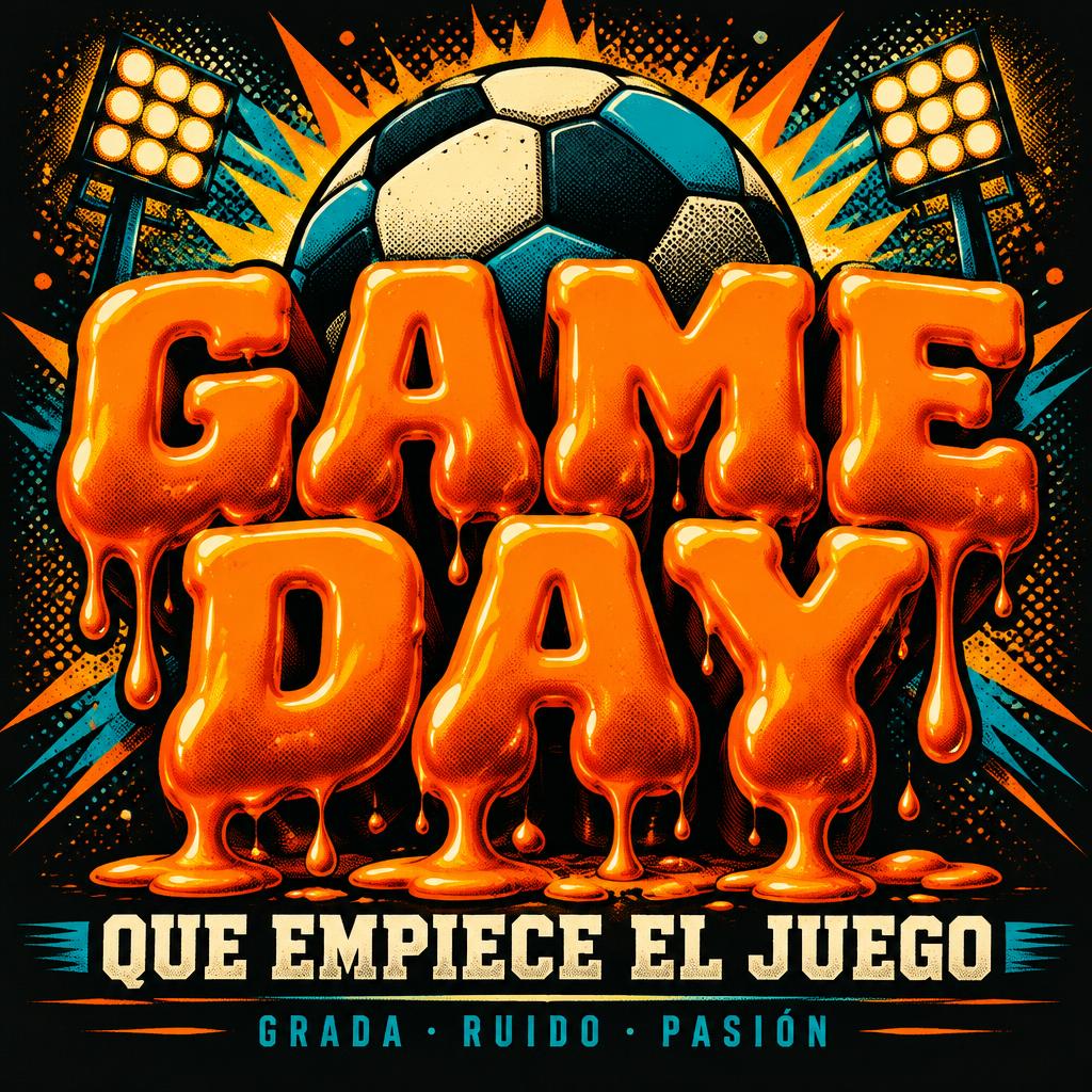 "GAME DAY
QUE EMPIECE EL JUEGO
GRADA · RUIDO · PASIÓN" — Drip Font Melting text effect