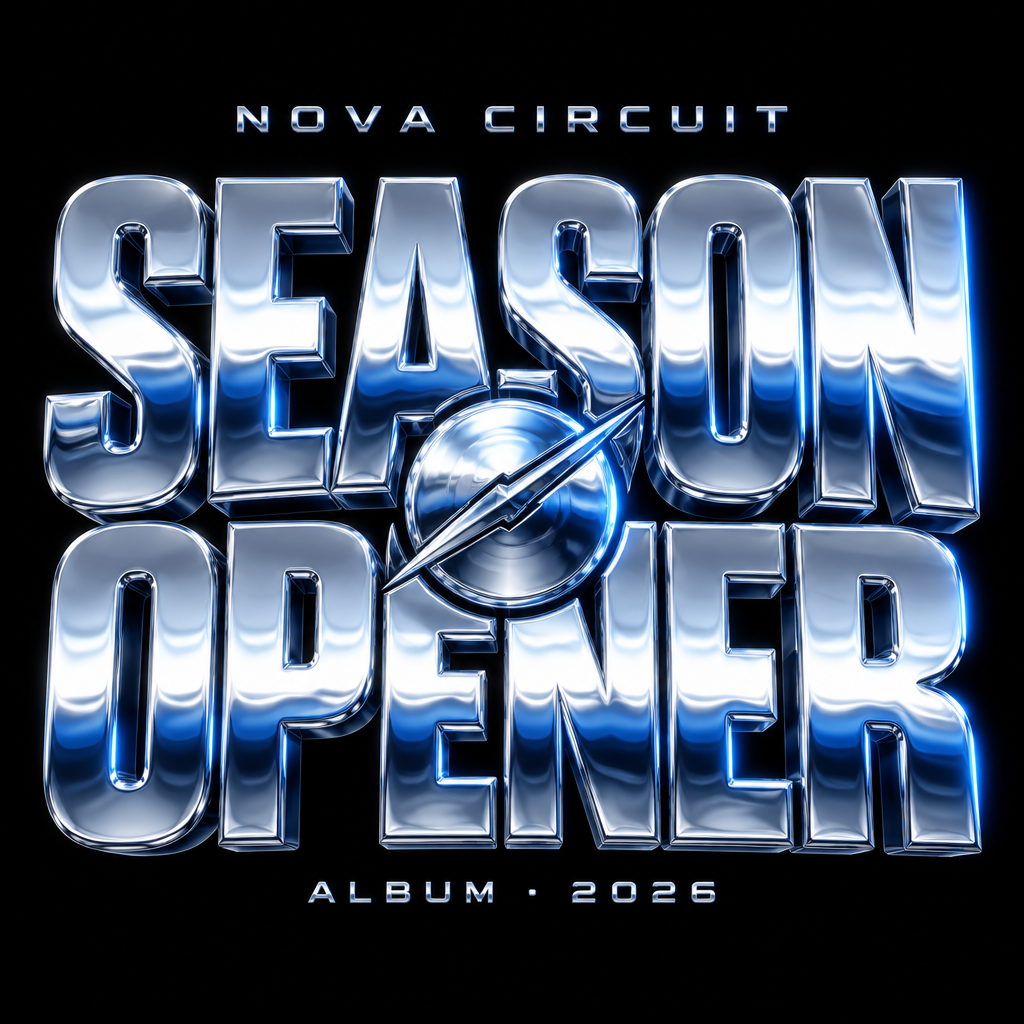 "SEASON
OPENER
NOVA CIRCUIT
ALBUM · 2026" — Chrome Metal 3d | AI Text Effect Generator