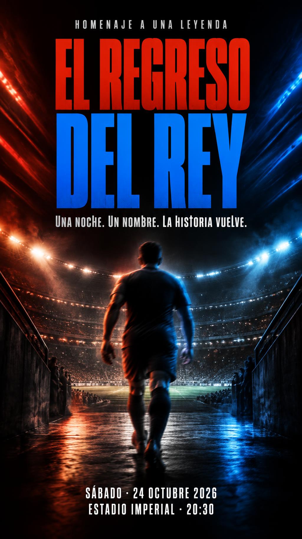 "HOMENAJE A UNA LEYENDA
EL REGRESO
DEL REY
Una noche. Un nombre. La historia vuelve.
SÁBADO · 24 OCTUBRE 2026
ESTADIO IMPERIAL · 20:30" — Sports | AI Text Effect Generator