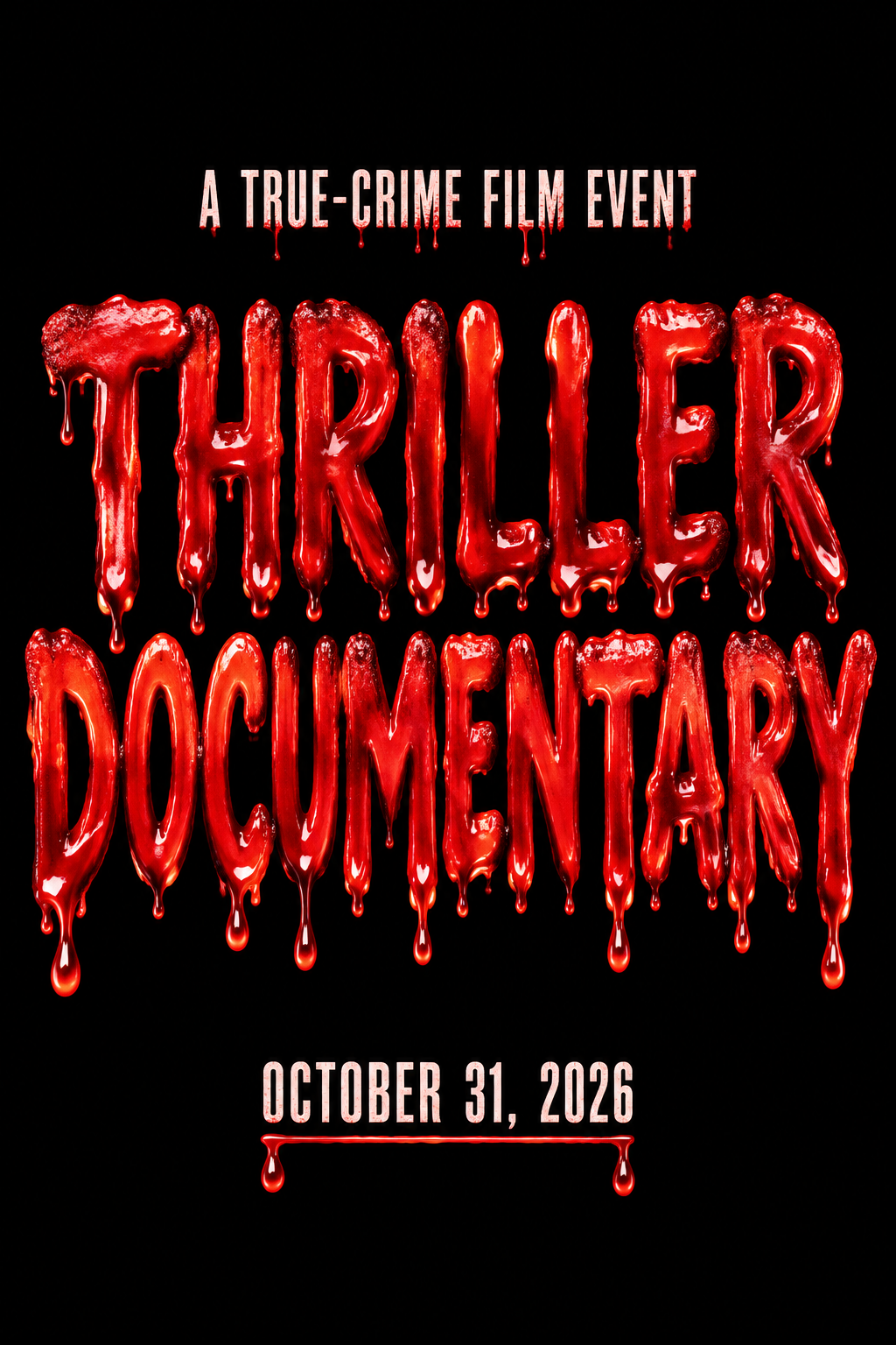 "THRILLER
DOCUMENTARY
A TRUE-CRIME FILM EVENT
OCTOBER 31, 2026" — Drip Font Blood | AI Text Effect Generator