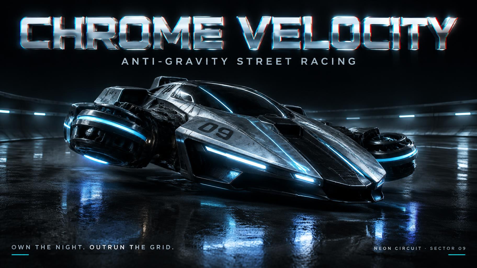 "CHROME VELOCITY
ANTI-GRAVITY STREET RACING
OWN THE NIGHT. OUTRUN THE GRID.
NEON CIRCUIT · SECTOR 09" — Cyberpunk Chrome | AI Text Effect Generator