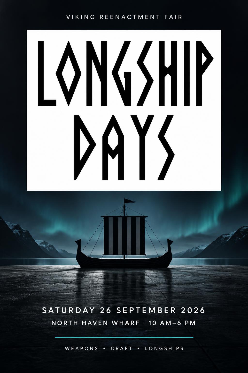 "LONGSHIP DAYS
VIKING REENACTMENT FAIR
SATURDAY 26 SEPTEMBER 2026
NORTH HAVEN WHARF · 10 AM–6 PM
WEAPONS • CRAFT • LONGSHIPS" — Viking Runic | AI Text Effect Generator
