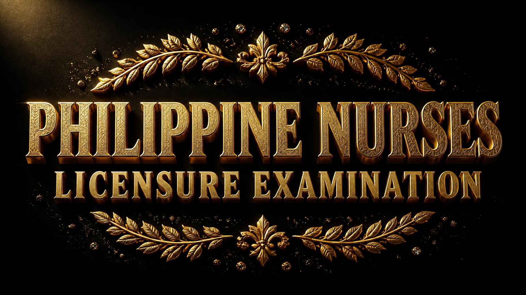 "PHILIPPINE NURSES
LICENSURE EXAMINATION" — luxury gold text effect