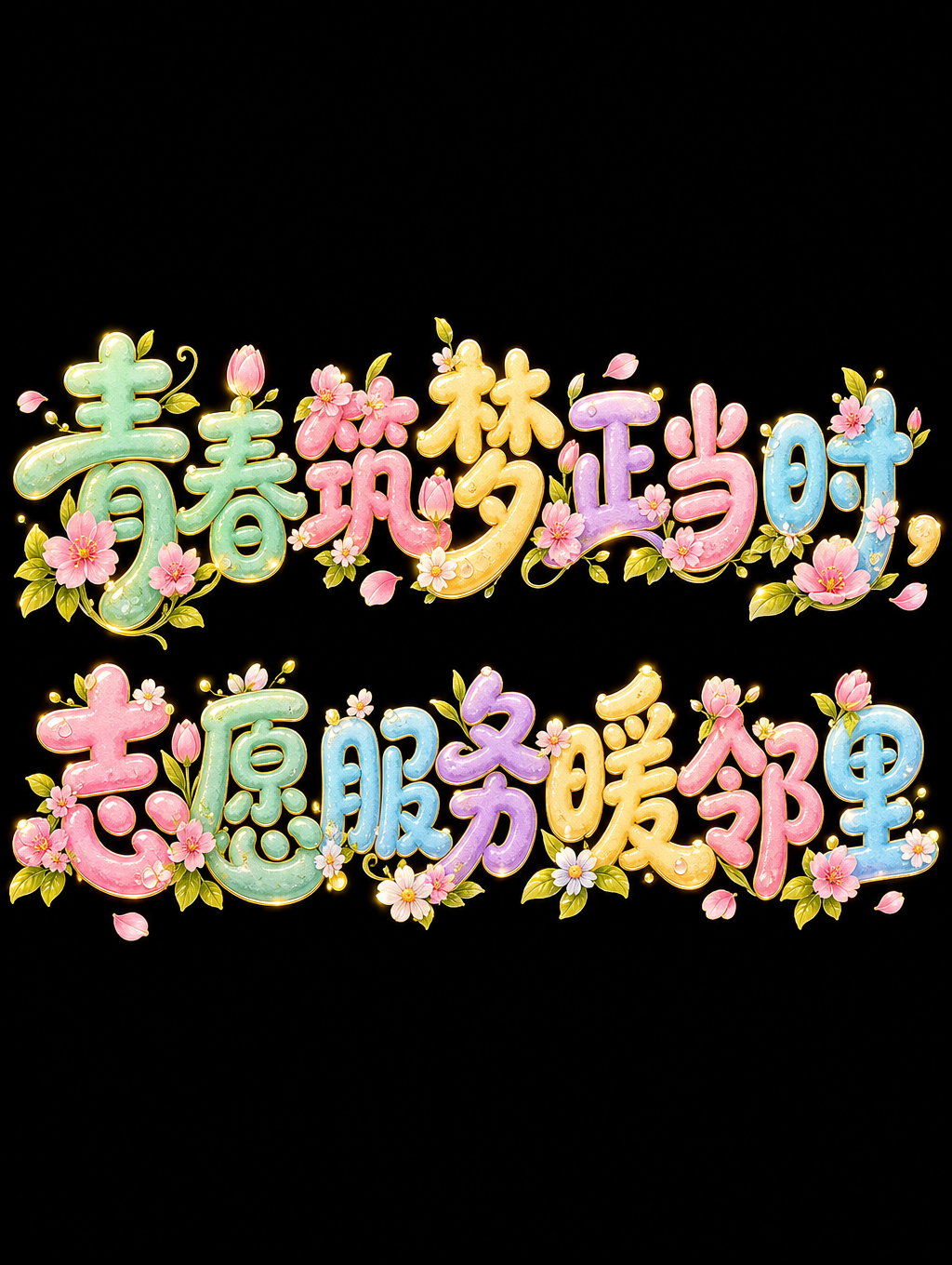 "青春筑梦正当时，志愿服务暖邻里" — Spring Holiday text effect