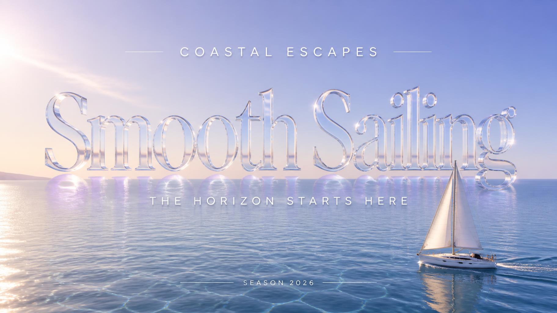 "Smooth Sailing
COASTAL ESCAPES
THE HORIZON STARTS HERE
SEASON 2026" — Glass | AI Text Effect Generator