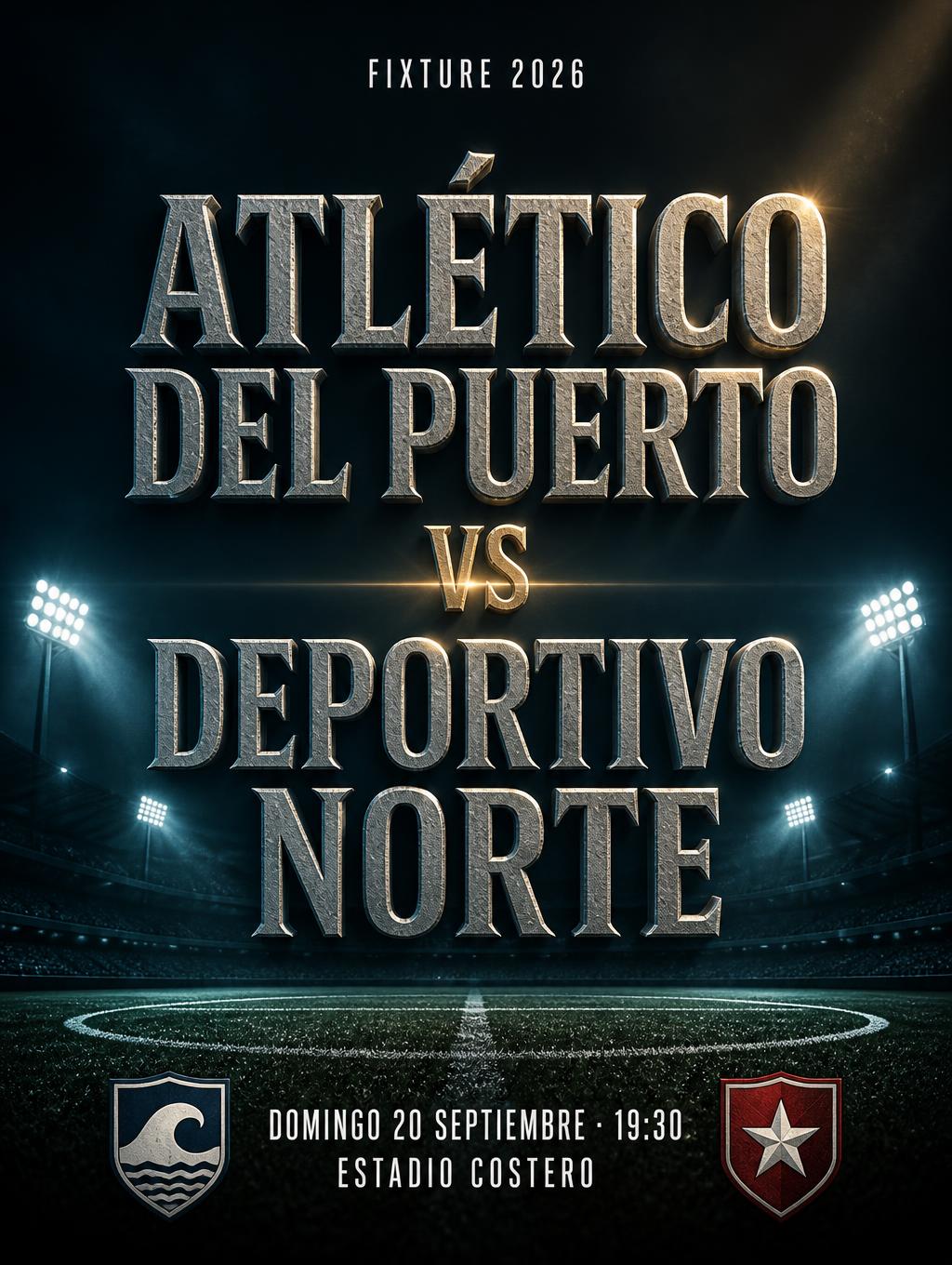 FIXTURE 2026
ATLÉTICO DEL PUERTO
VS
DEPORTIVO NORTE
DOMINGO 20 SEPTIEMBRE · 19:30
ESTADIO COSTERO