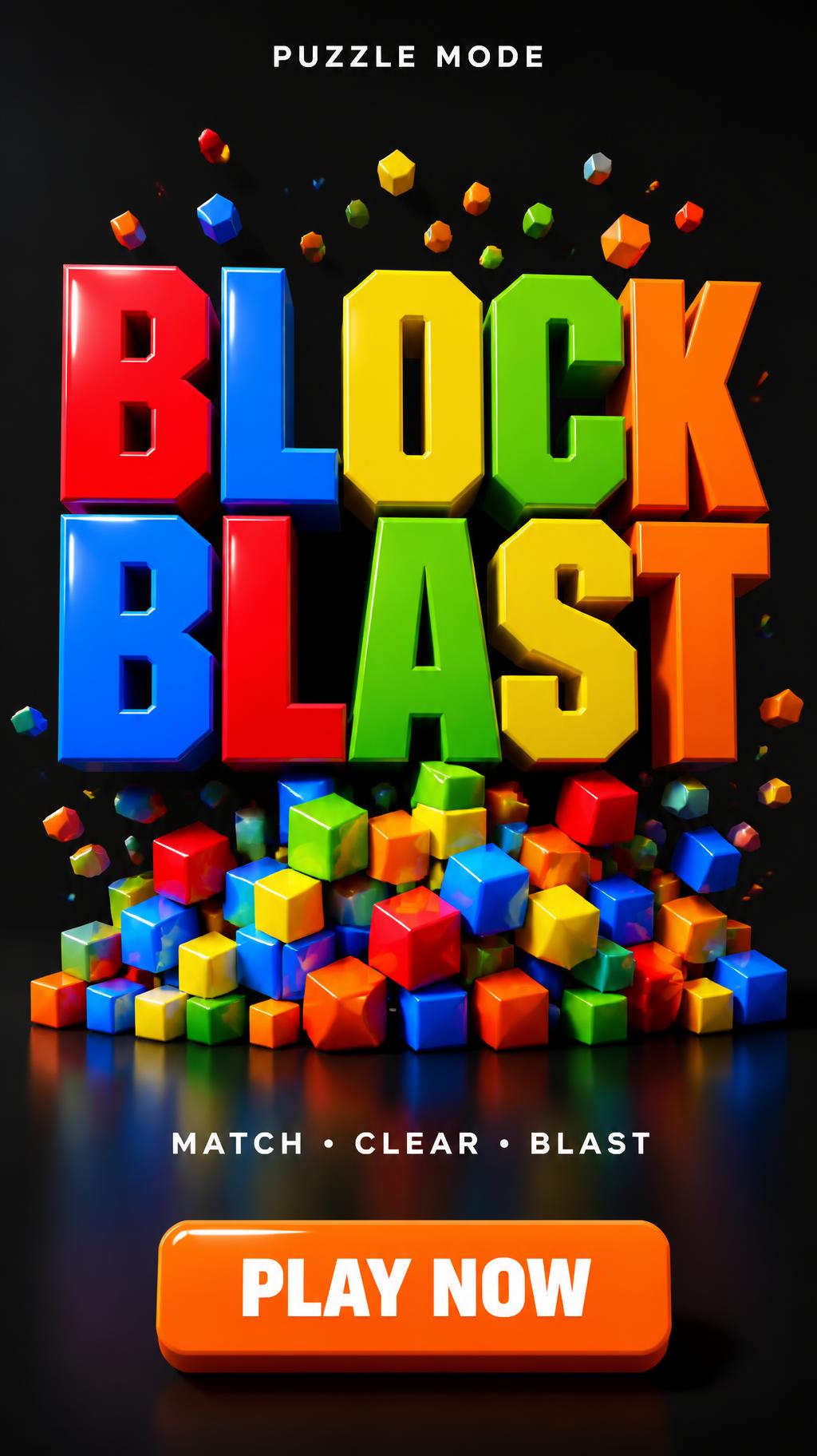 "BLOCK BLAST
PUZZLE MODE
MATCH • CLEAR • BLAST
PLAY NOW" — 3d Bold | AI Text Effect Generator