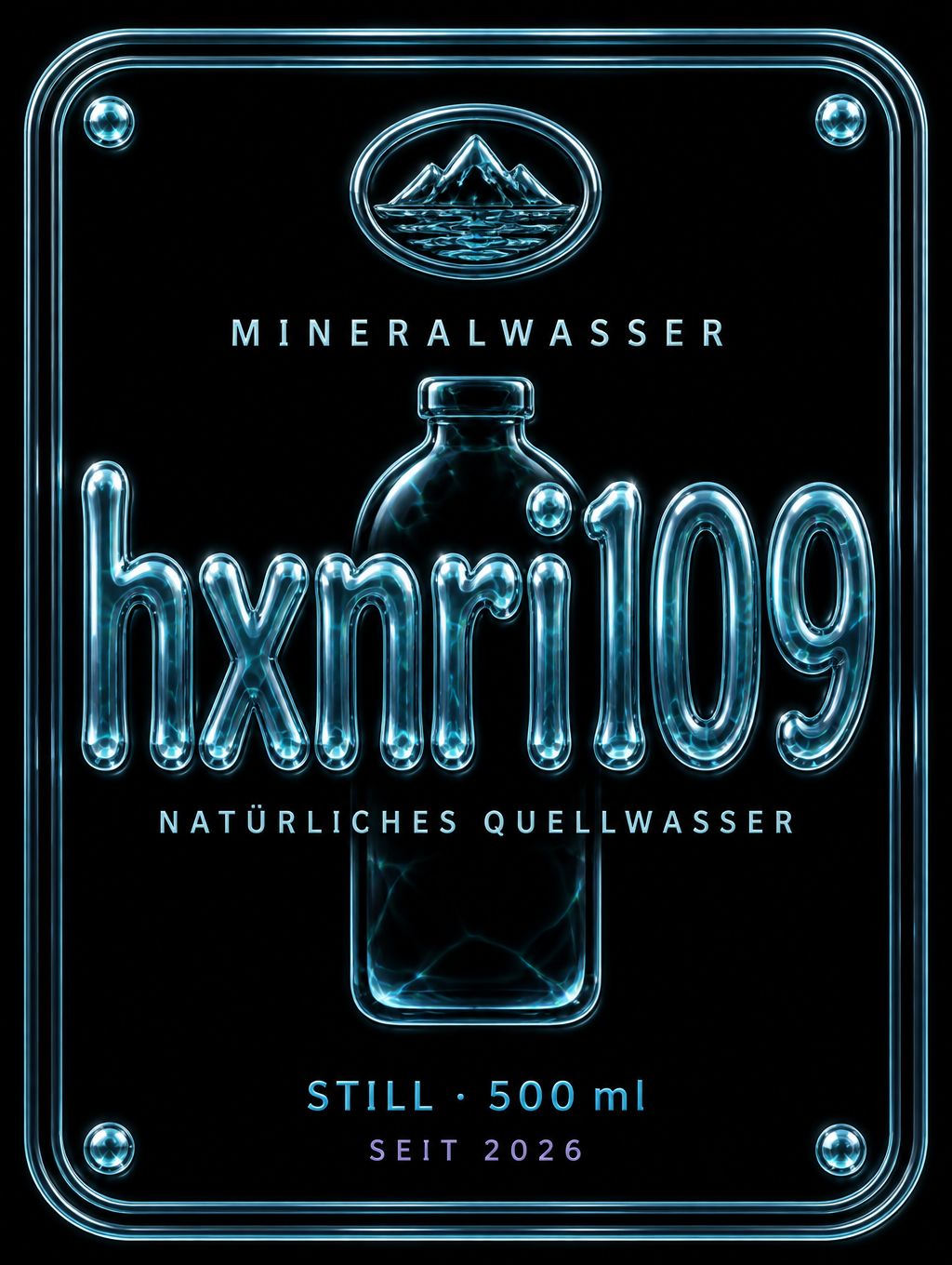 "hxnri109
MINERALWASSER
NATÜRLICHES QUELLWASSER
STILL · 500 ml
SEIT 2026" — Glass Liquid | AI Text Effect Generator