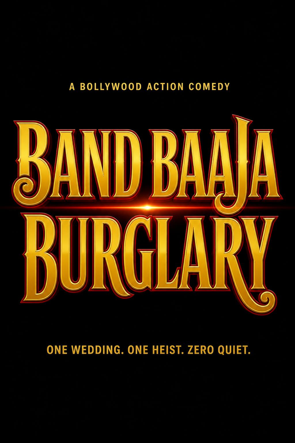 "BAND BAAJA
BURGLARY
A BOLLYWOOD ACTION COMEDY
ONE WEDDING. ONE HEIST. ZERO QUIET." — Cinematic Netflix text effect