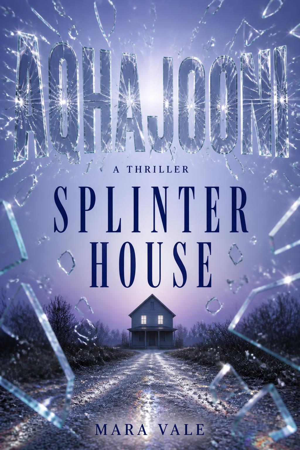 "AQHAJOONI
A THRILLER
SPLINTER HOUSE
MARA VALE" — Glass text effect