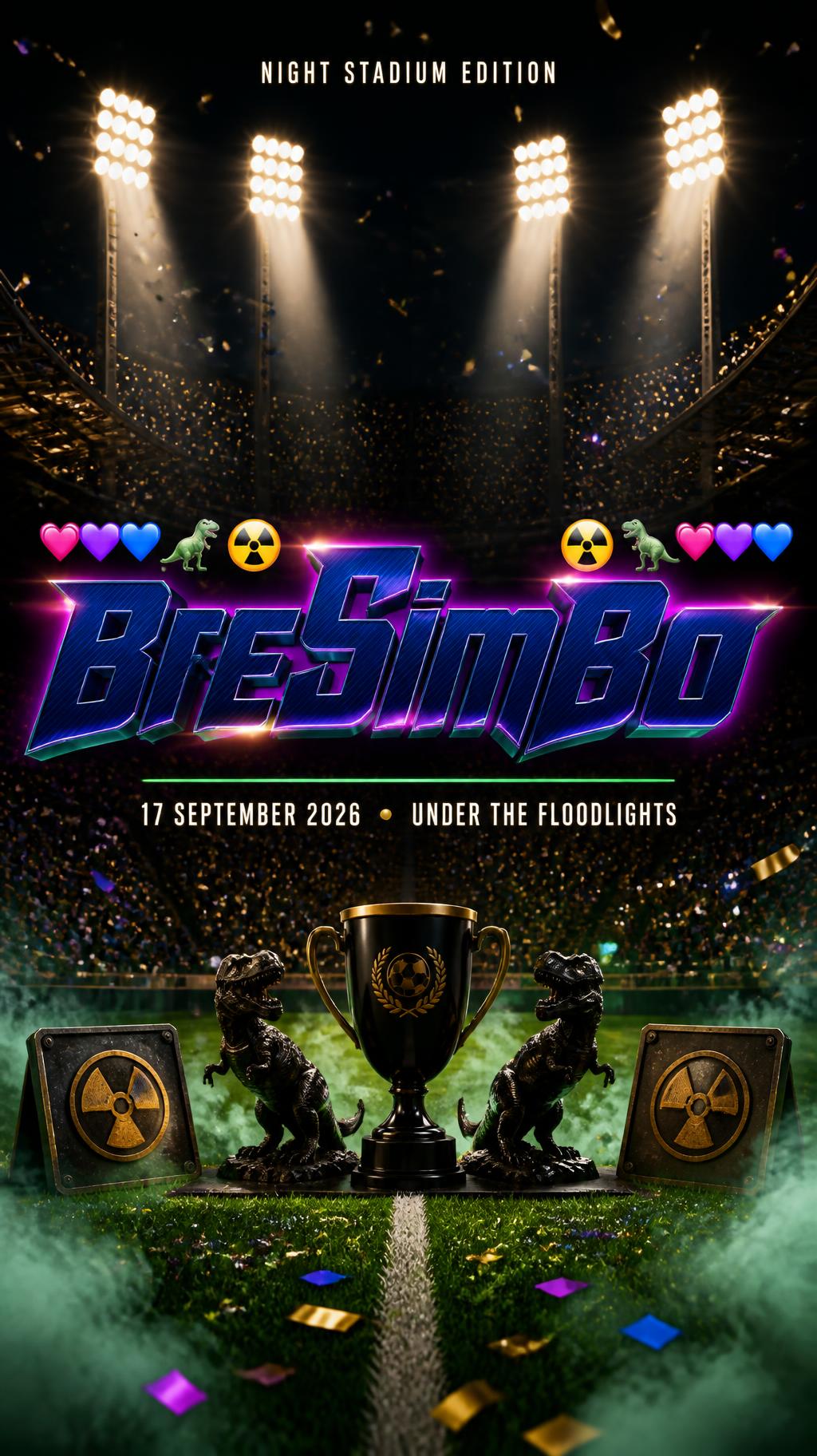 "🩷💜💙 🦖☣️BreSimBo☣️🦖🩷💜💙
NIGHT STADIUM EDITION
17 SEPTEMBER 2026  •  UNDER THE FLOODLIGHTS" — Sports Football text effect