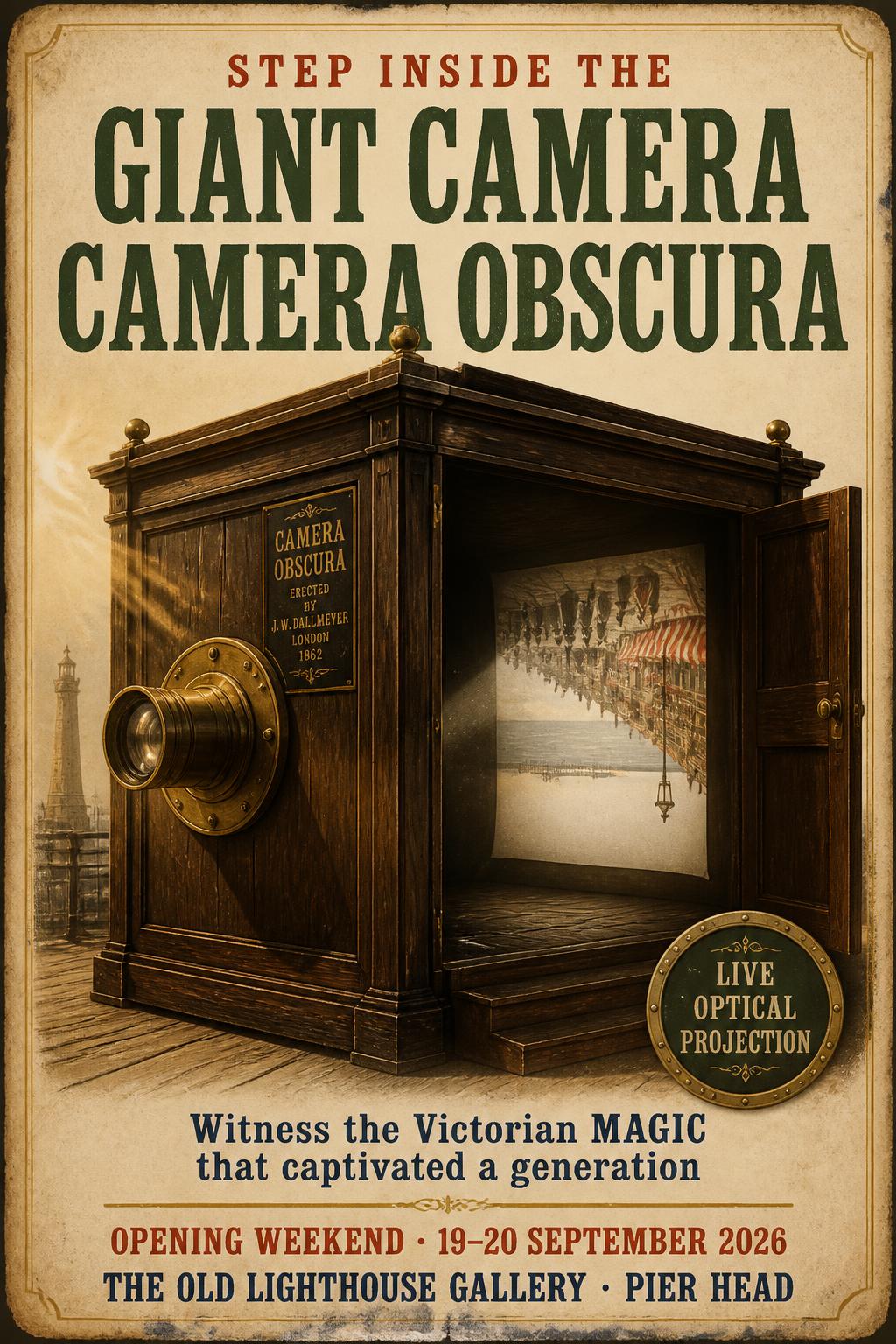 "STEP INSIDE THE
GIANT CAMERA
CAMERA OBSCURA
Witness the Victorian MAGIC that captivated a generation
OPENING WEEKEND · 19–20 SEPTEMBER 2026
THE OLD LIGHTHOUSE GALLERY · PIER HEAD
LIVE OPTICAL PROJECTION" — Vintage | AI Text Effect Generator