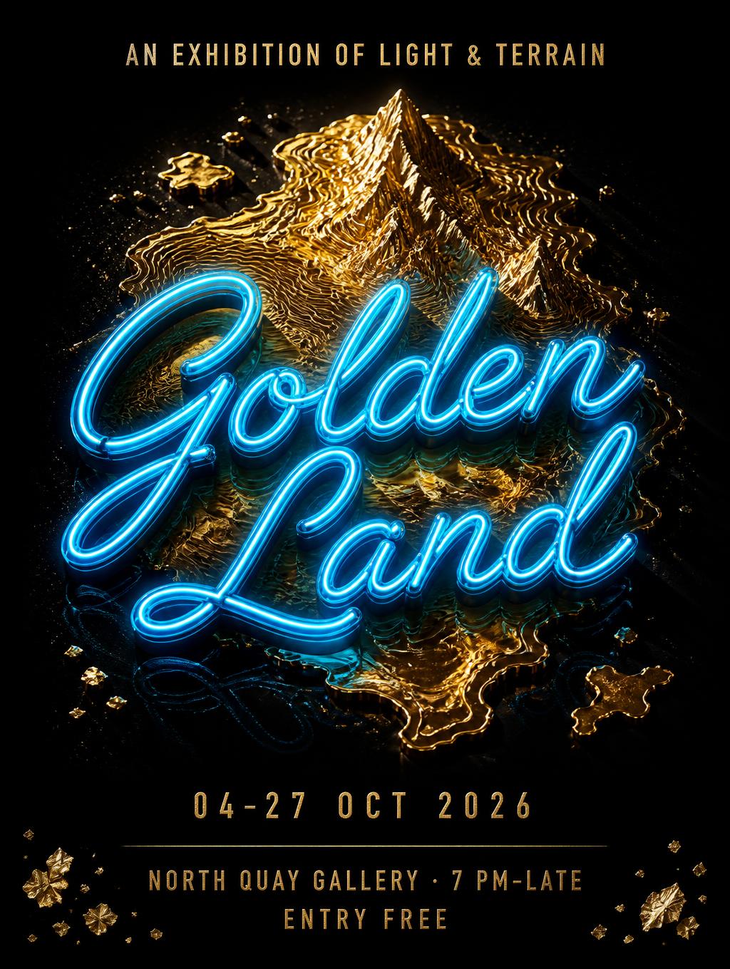"Golden Land
AN EXHIBITION OF LIGHT & TERRAIN
04–27 OCT 2026
NORTH QUAY GALLERY · 7 PM–LATE
ENTRY FREE" — Luxury Gold | AI Text Effect Generator