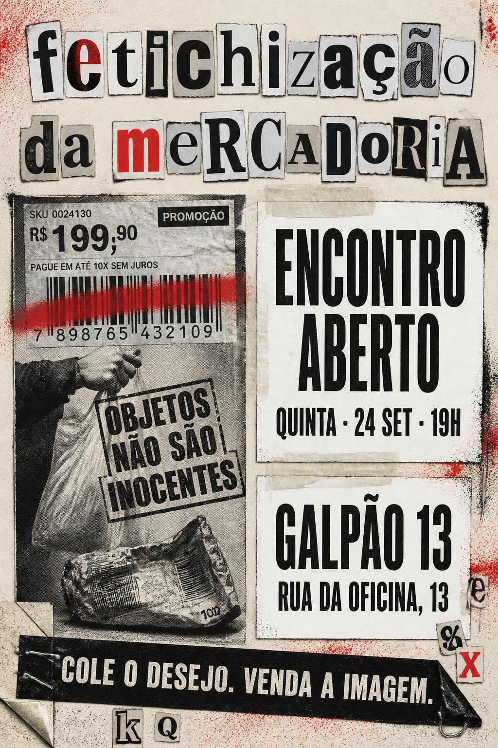 "fetichização da mercadoria
OBJETOS NÃO SÃO INOCENTES
ENCONTRO ABERTO
QUINTA · 24 SET · 19H
GALPÃO 13
RUA DA OFICINA, 13
COLE O DESEJO. VENDA A IMAGEM." — Grunge text effect