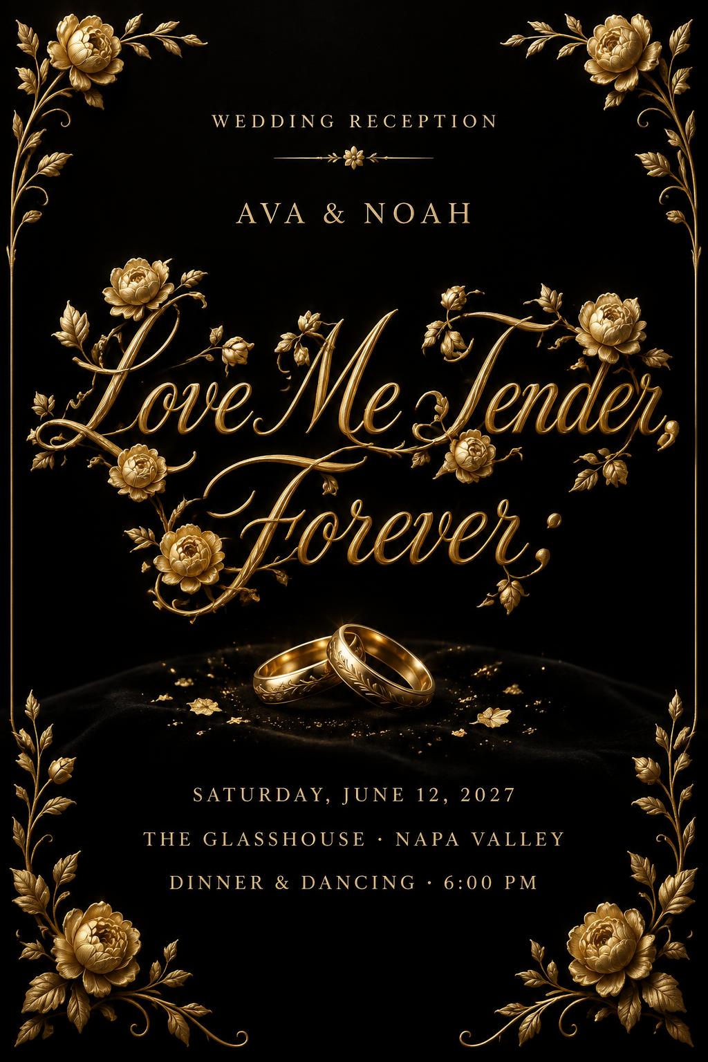 "Love Me Tender,
Forever;
WEDDING RECEPTION
AVA & NOAH
Saturday, June 12, 2027
The Glasshouse · Napa Valley
Dinner & dancing · 6:00 PM" — luxury gold text effect