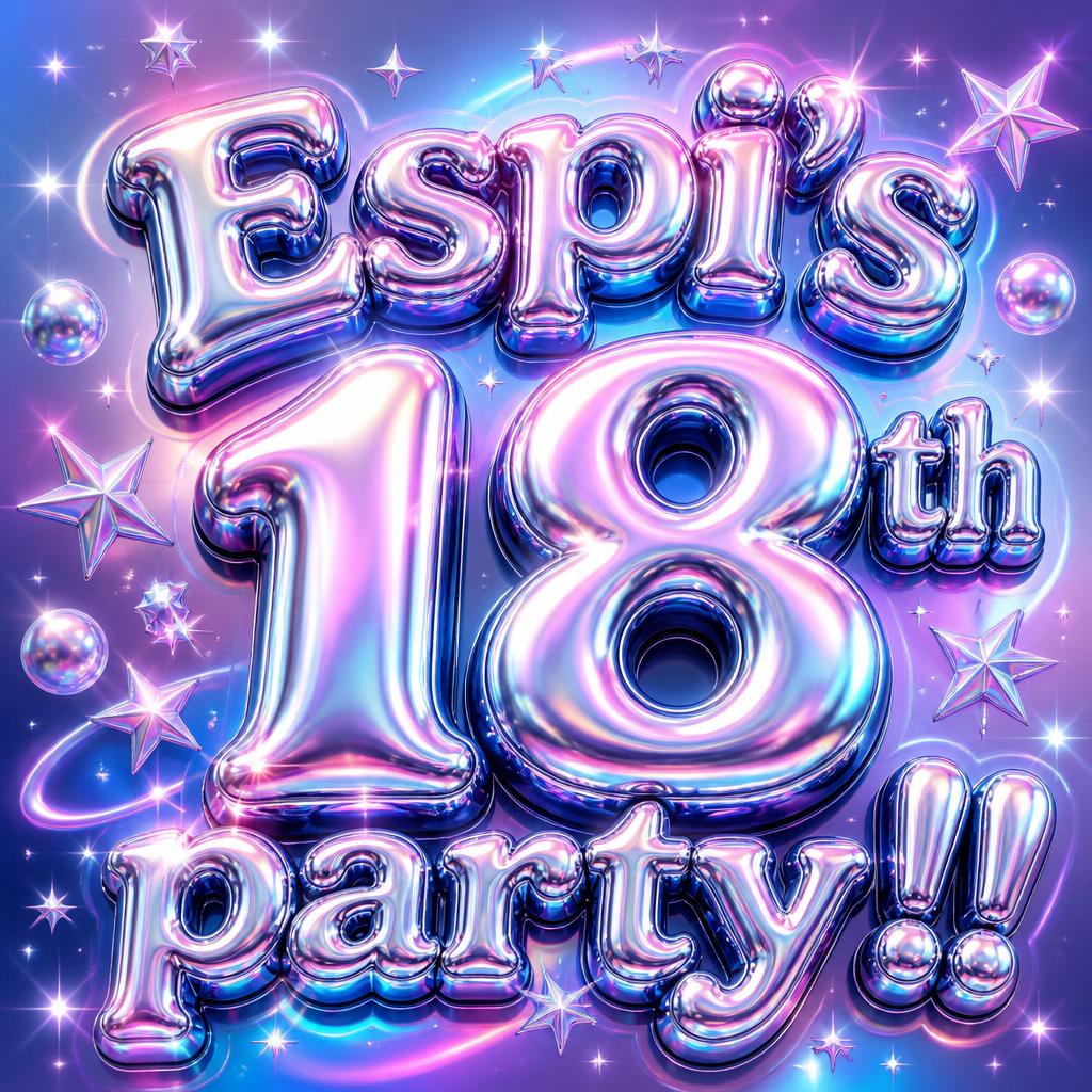 "Espi's 18th party!!" — Y2k text effect