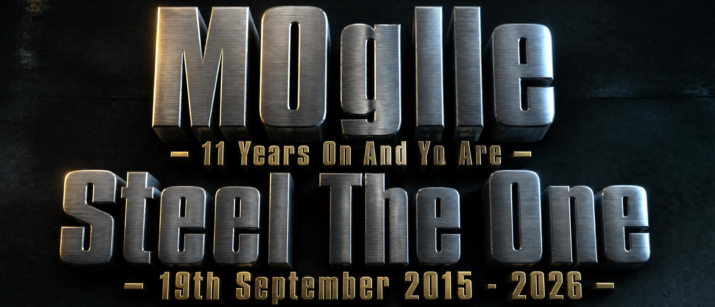 "MOglie - 11 Years On And You Are Steel The One - 19th September 2015 - 2026" — Metallic | AI Text Effect Generator