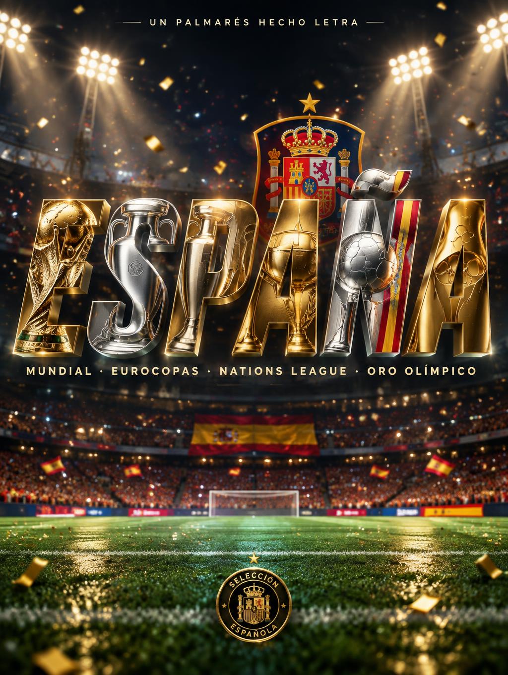 "ESPAÑA
UN PALMARÉS HECHO LETRA
MUNDIAL · EUROCOPAS · NATIONS LEAGUE · ORO OLÍMPICO
SELECCIÓN ESPAÑOLA" — Sports Football | AI Text Effect Generator