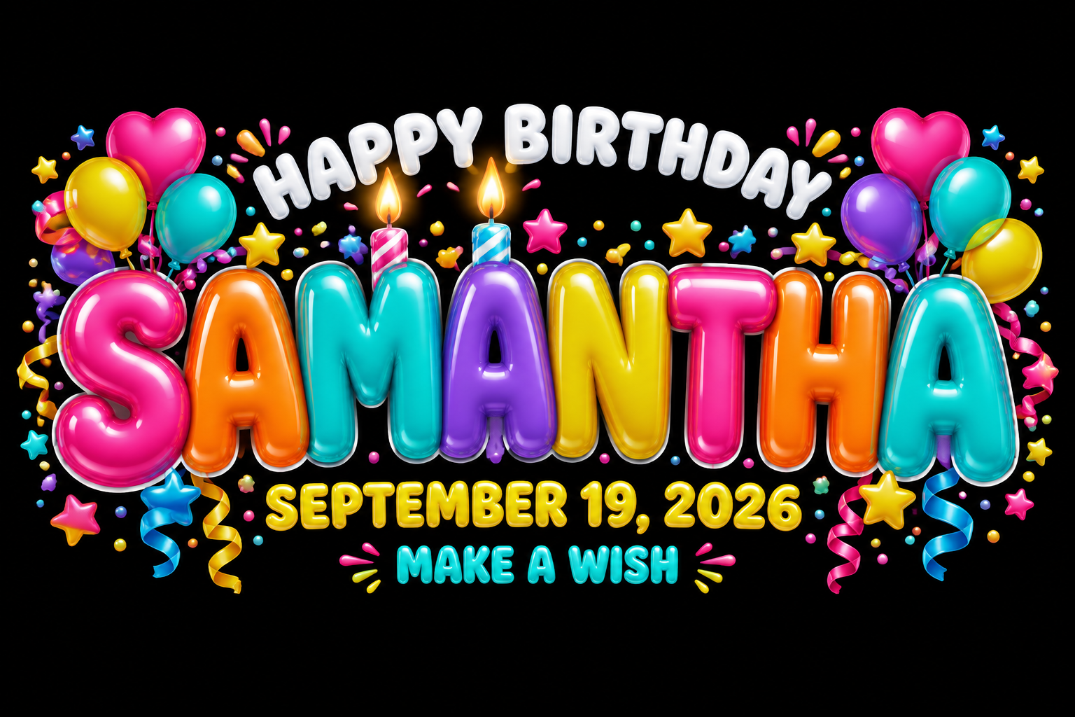 "HAPPY BIRTHDAY
SAMANTHA
SEPTEMBER 19, 2026
MAKE A WISH" — Birthday | AI Text Effect Generator
