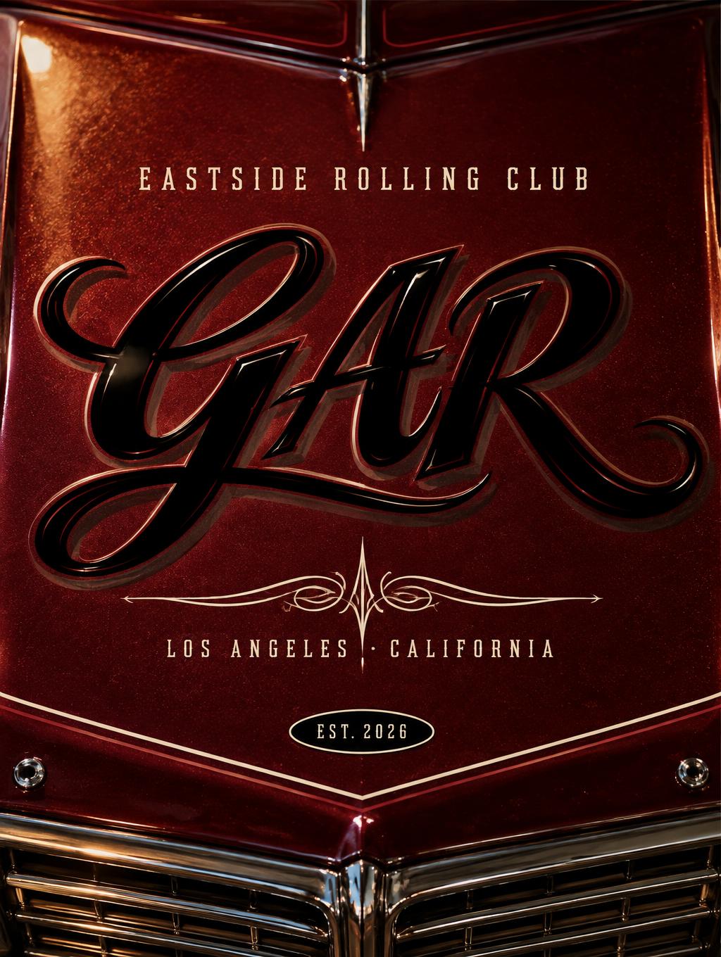 "GAR
EASTSIDE ROLLING CLUB
LOS ANGELES · CALIFORNIA
EST. 2026" — Chicano | AI Text Effect Generator