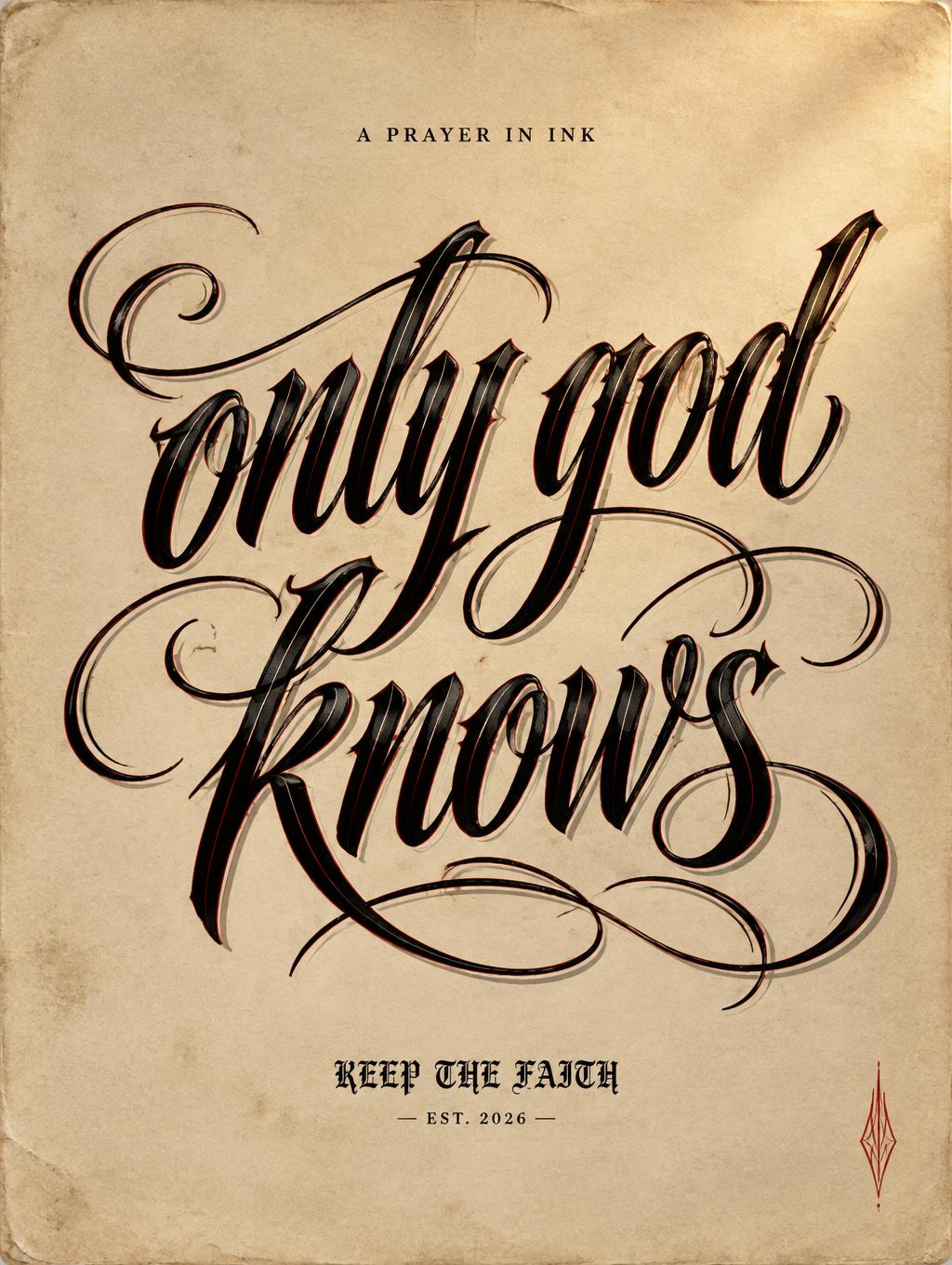 "only god knows
A PRAYER IN INK
KEEP THE FAITH
— EST. 2026 —" — Chicano | AI Text Effect Generator
