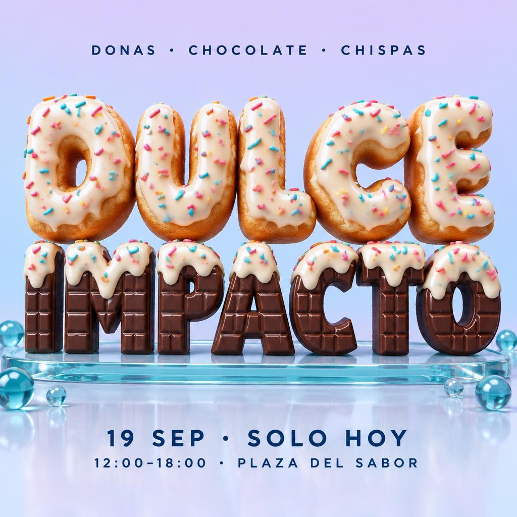 "DULCE IMPACTO
DONAS · CHOCOLATE · CHISPAS
19 SEP · SOLO HOY
12:00–18:00 · PLAZA DEL SABOR" — Glass Liquid | AI Text Effect Generator